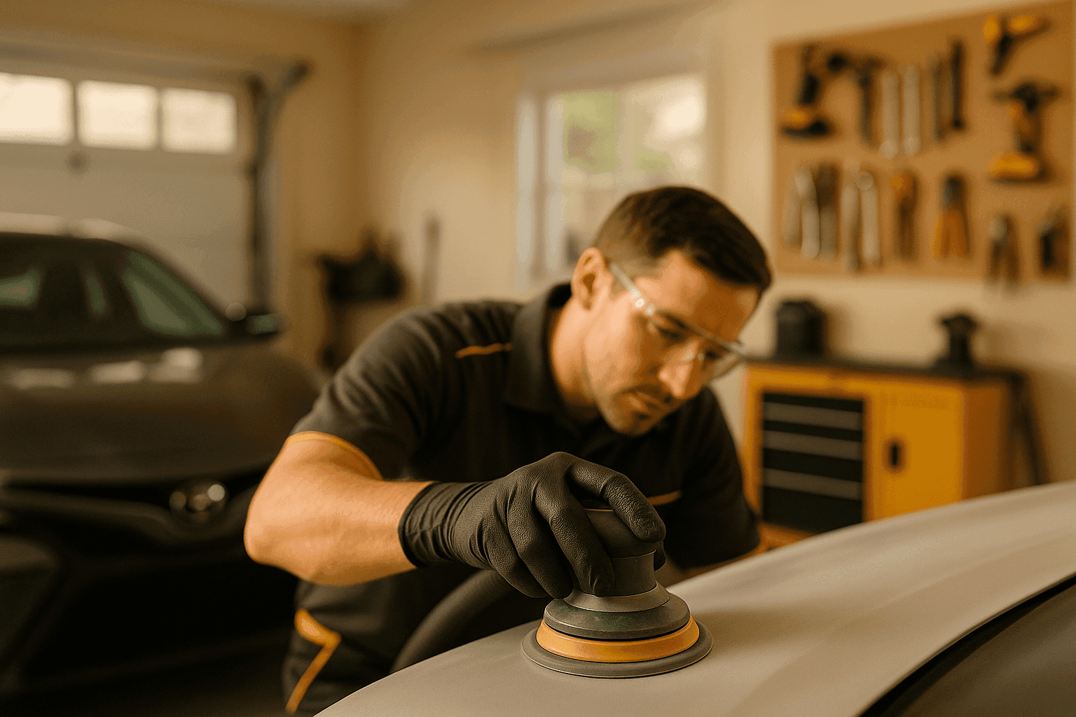 Professional auto body technician sanding car panel in clean residential garage
