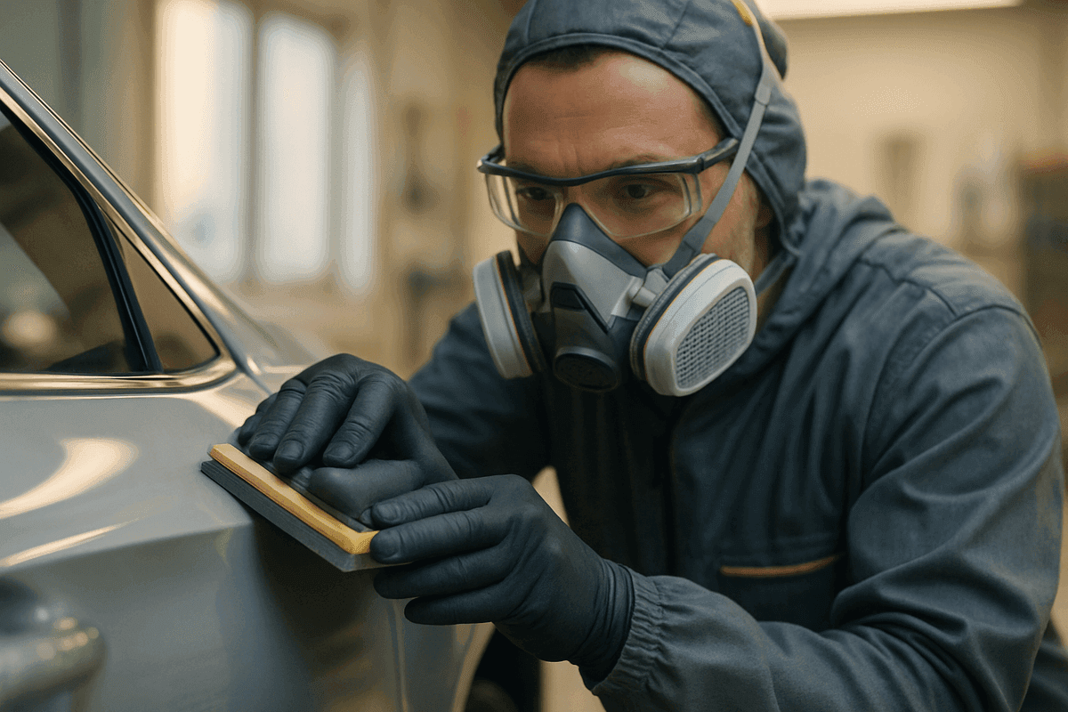 Close-up of gloved hands sanding car door panel in organized auto body workshop